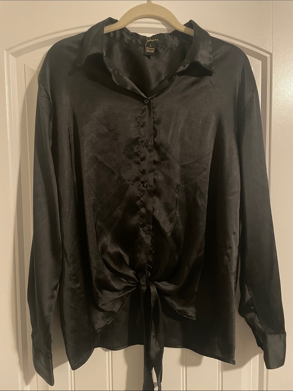 Satin Tie-Front Button-Down Blouse - Black